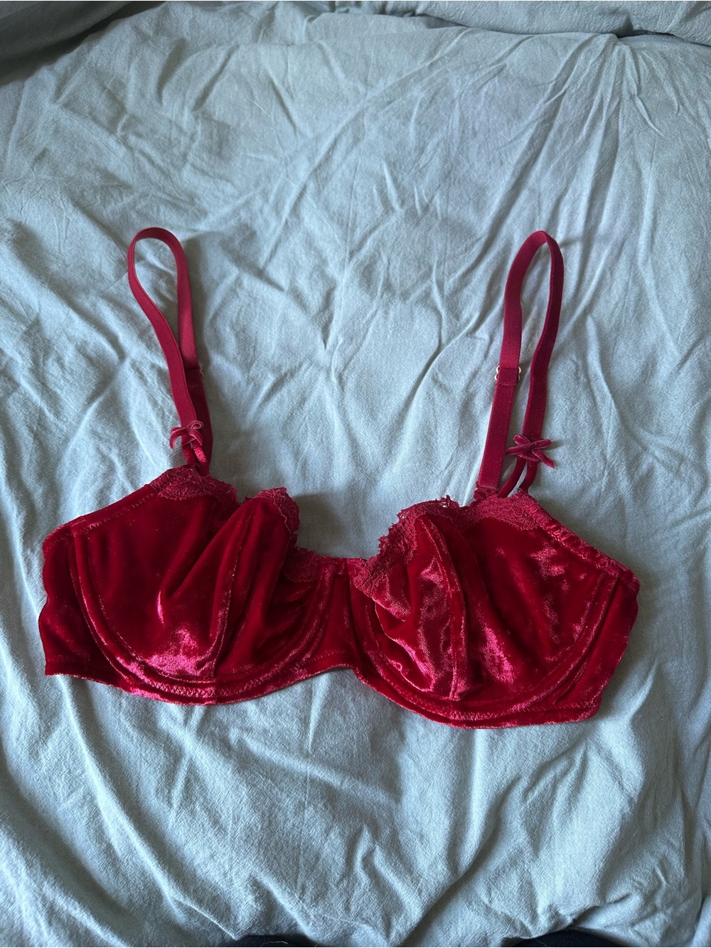 Victoria's Secret Red Velvet Underwire Bra with Bow Accents